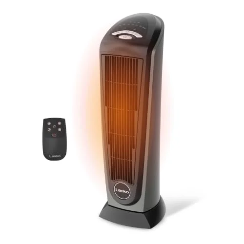 Lasko 23 inch ceramic tower space heater with remote control, silver
