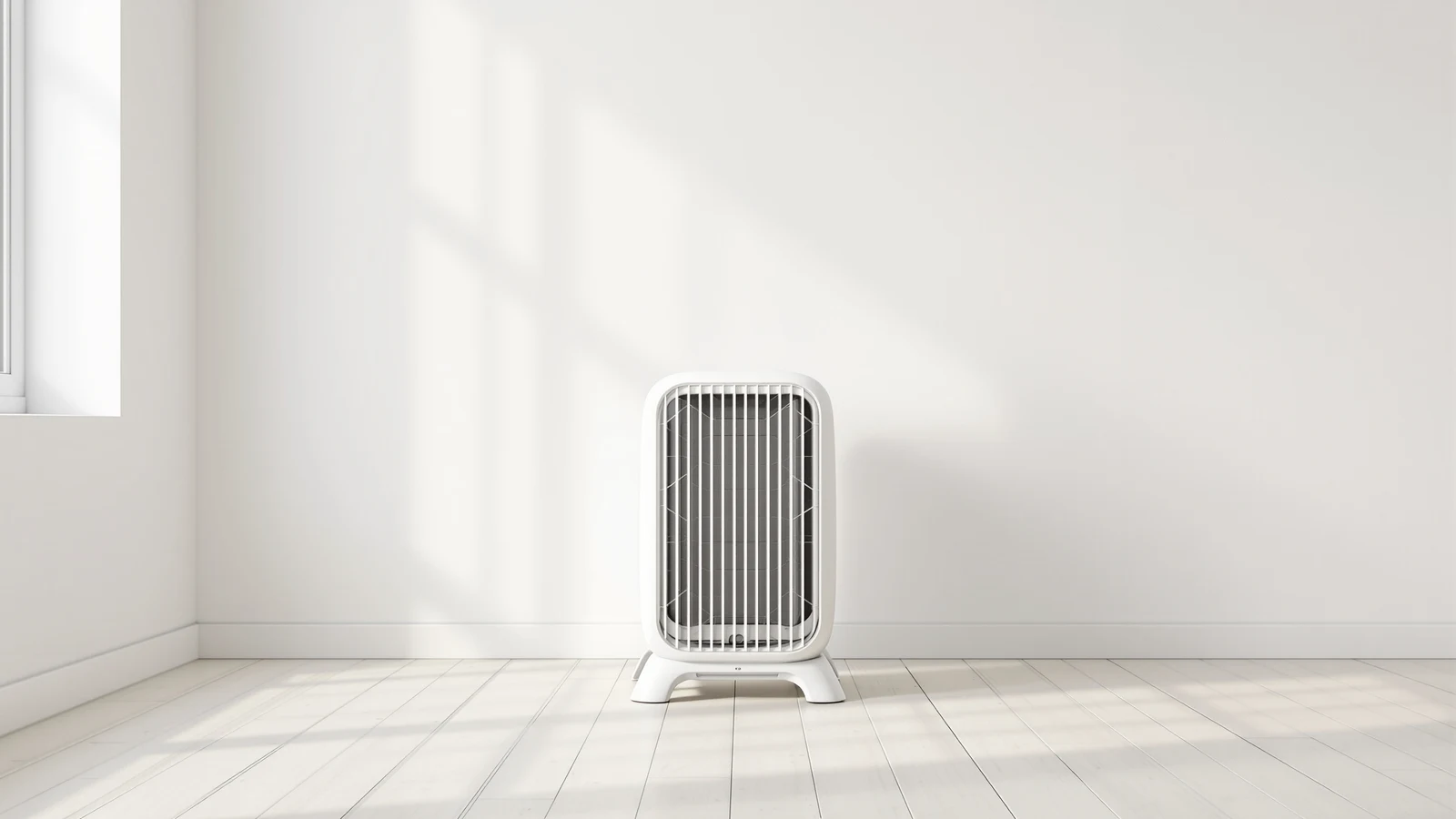 A ceramic space heater running on a bare hardwood floor well clear of curtains and furniture in a softly lit living room