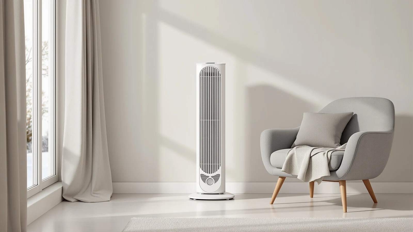A slim white oscillating tower space heater standing beside a grey armchair in a bright, sunlit living room near tall curtained windows