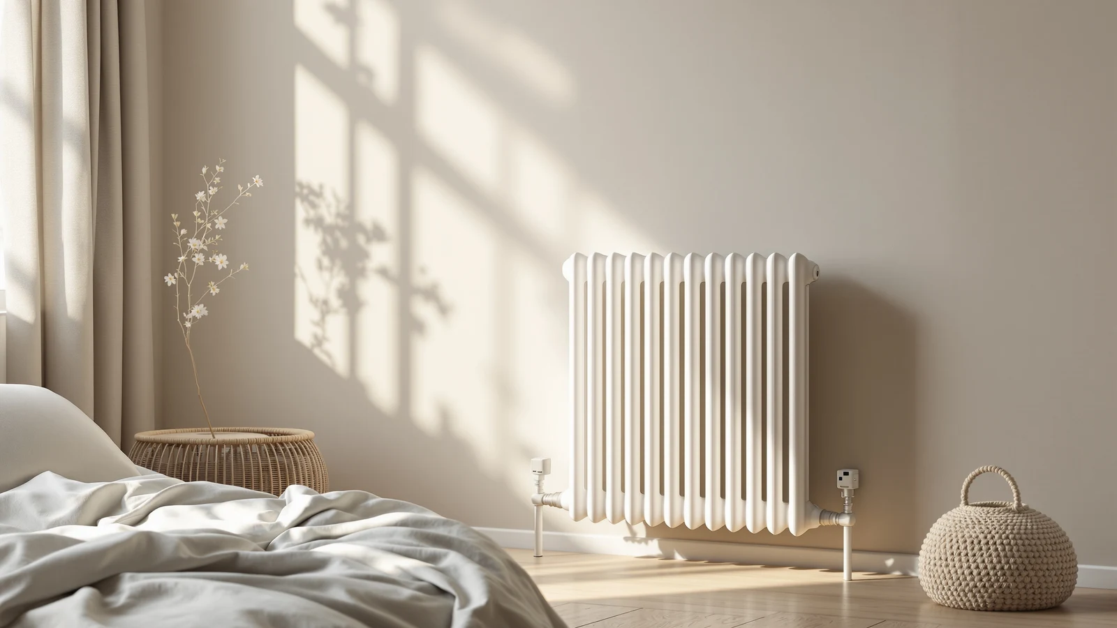A white oil-filled column radiator standing against a sunlit beige wall in a calm bedroom, beside a bed with soft linen bedding