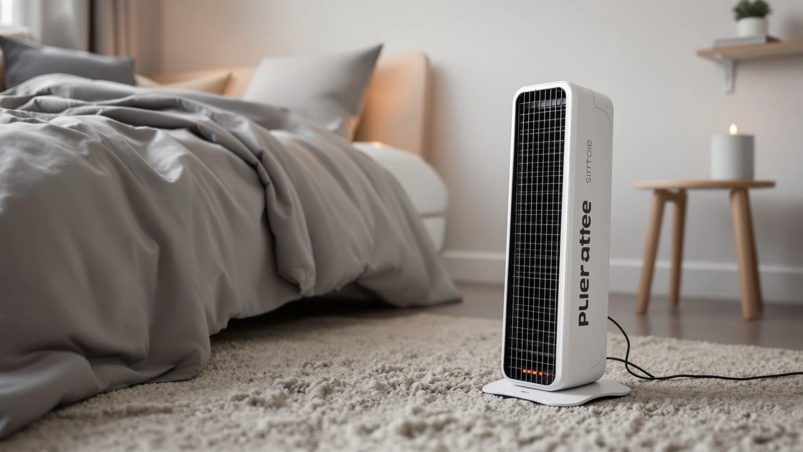 A slim white electric heater standing on the floor at the foot of a neatly made bed in a calm, dimly lit bedroom at night