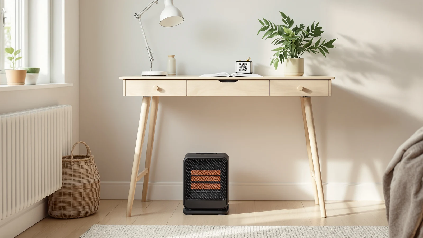 A small black ceramic space heater sitting under a desk beside a laptop and a desk lamp in a home office, warming one person's feet rather than the whole room