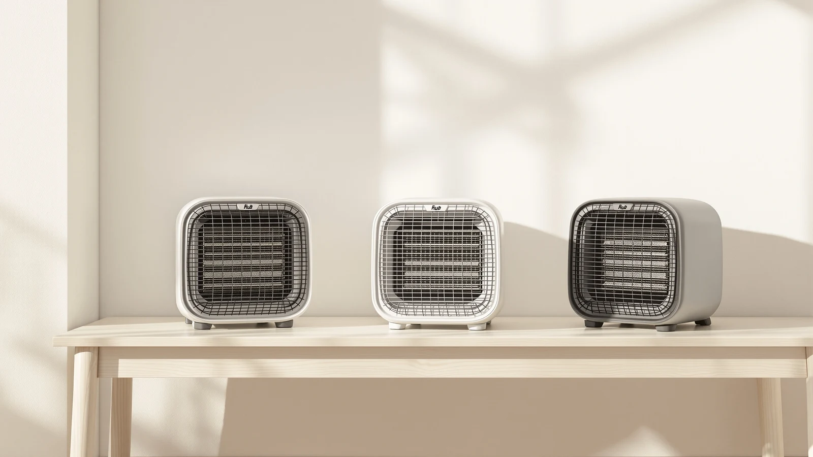 Two small white and gold personal space heaters on a plain wooden side table in a sparsely furnished room with cool morning light