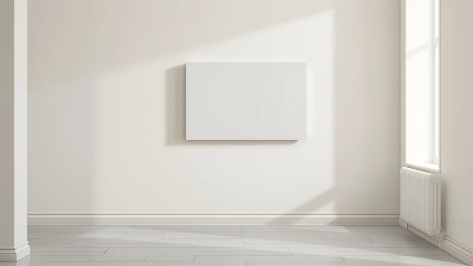 A slim white wall-mounted heater fixed above a bathroom floor beside a tall white tower heater standing in a narrow hallway, both kept clear of the walking path