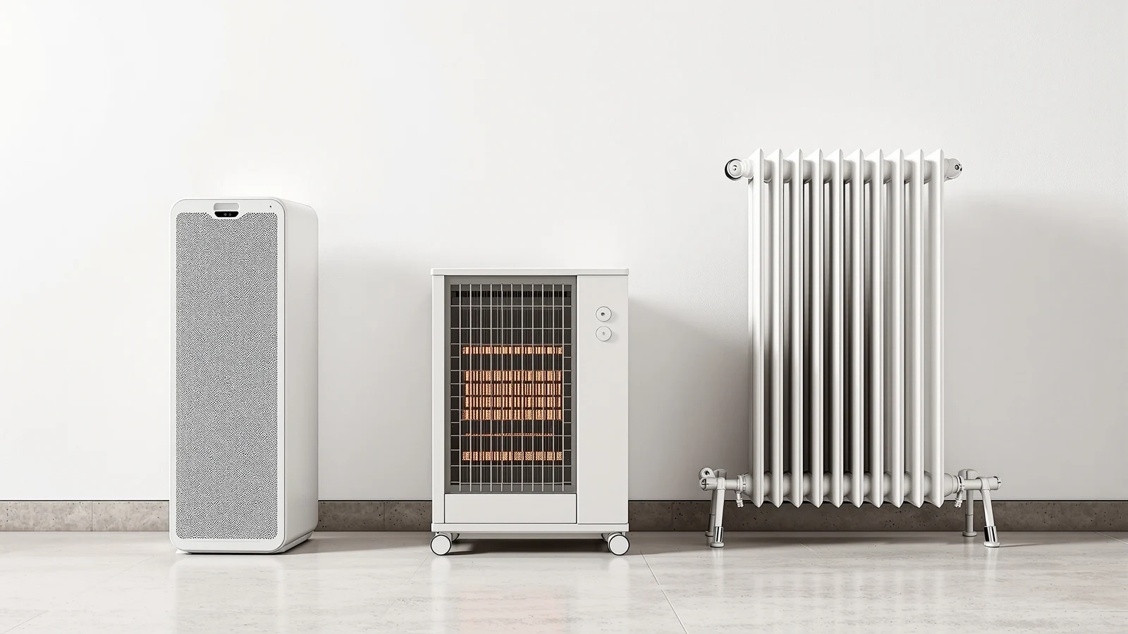 Three space heaters of different types arranged side by side in a softly lit living room: a white ceramic tower, a wood-cabinet infrared heater and an oil-filled radiator