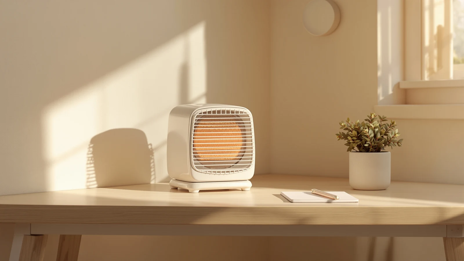 A ceramic space heater glowing on a wood floor next to a stack of utility bills and a calculator, representing the cost of running a space heater