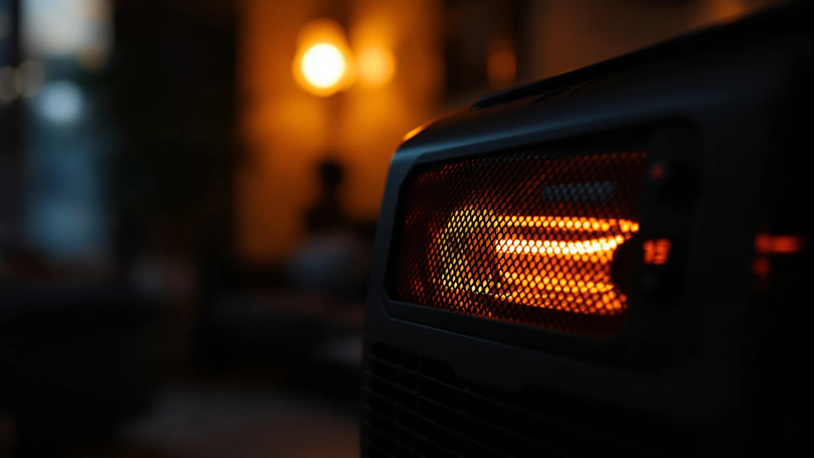 Close-up of a space heater's glowing ceramic element and red digital timer display in a dim living room at night
